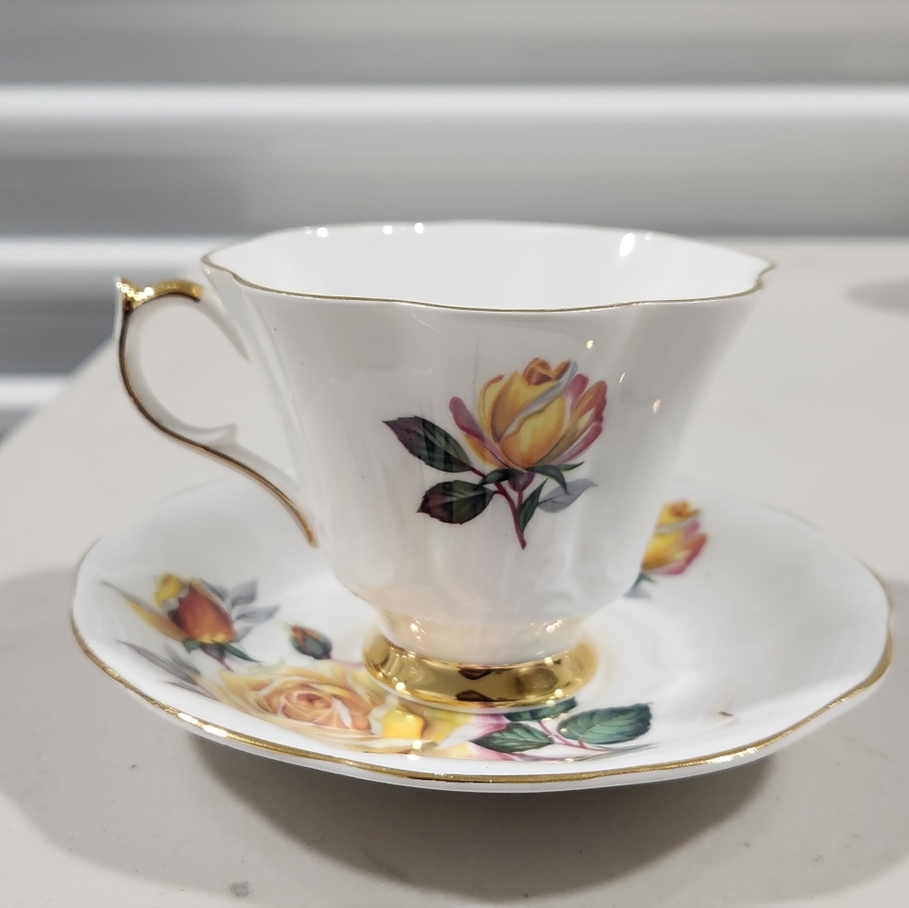 Vintage Yellow Rose Bone China Teacup & Saucer with Gold Trim